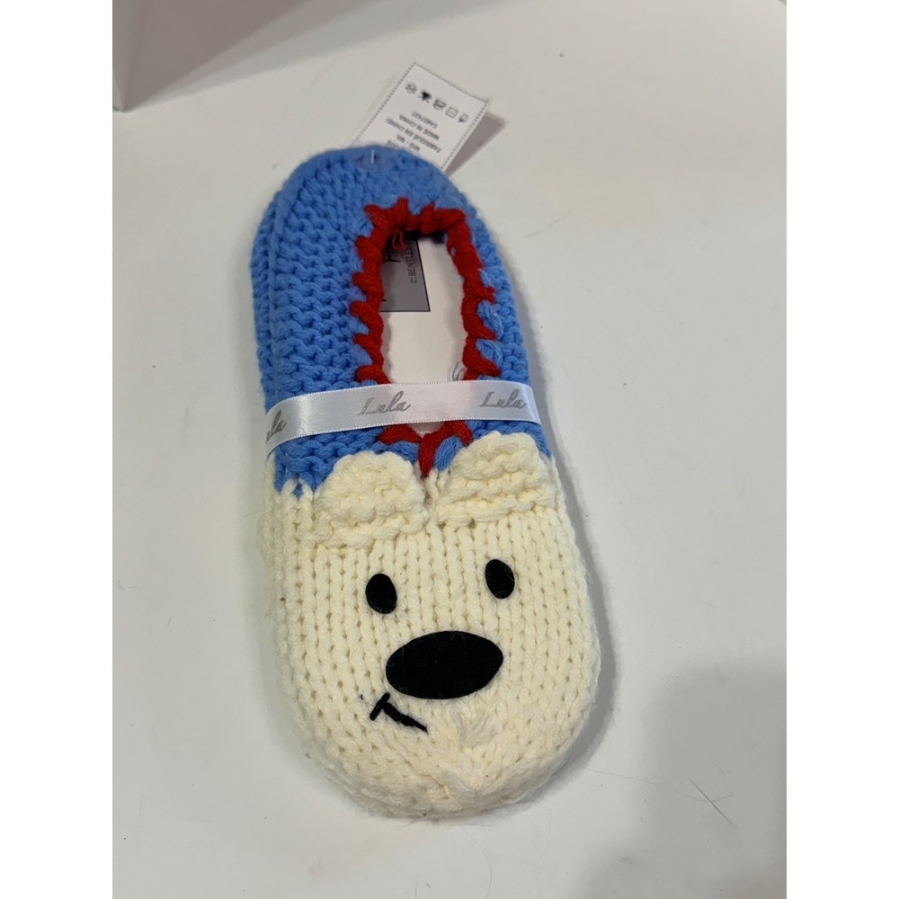 Lula Knit Polar Bear Slippers Blue Cream Red Animal Face Cozy House Shoes‎ NWT